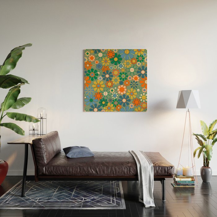 Retro Garden Flowers 60s 70s Floral Pattern in Green Blue Orange Mustard Wood Wall Art Gallery Image 2