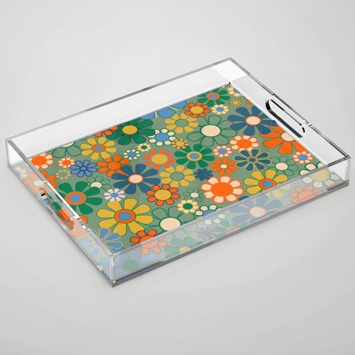 Retro Garden Flowers 60s 70s Floral Pattern in Green Blue Orange Mustard Acrylic Tray Gallery Image 1
