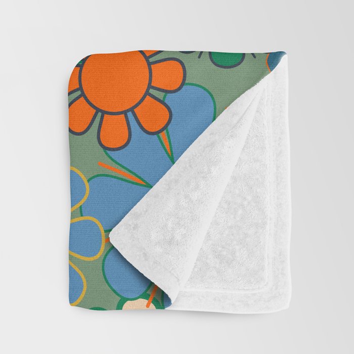 Retro Garden Flowers 60s 70s Floral Pattern in Green Blue Orange Mustard Throw Blanket Gallery Image 3