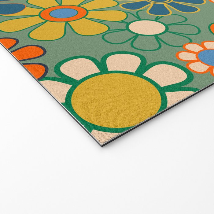 Retro Garden Flowers 60s 70s Floral Pattern in Green Blue Orange Mustard Welcome Mat Gallery Image 2
