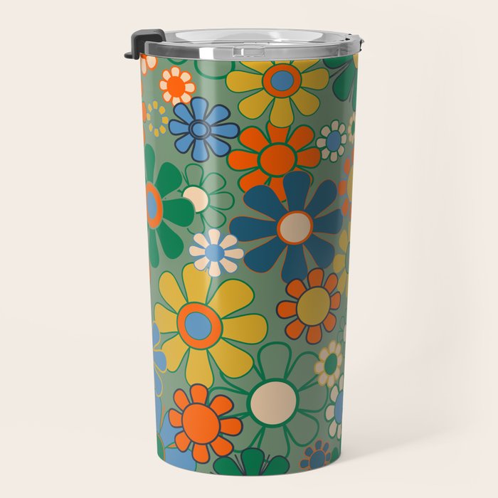 Retro Garden Flowers 60s 70s Floral Pattern in Green Blue Orange Mustard Travel Mug Gallery Image 3