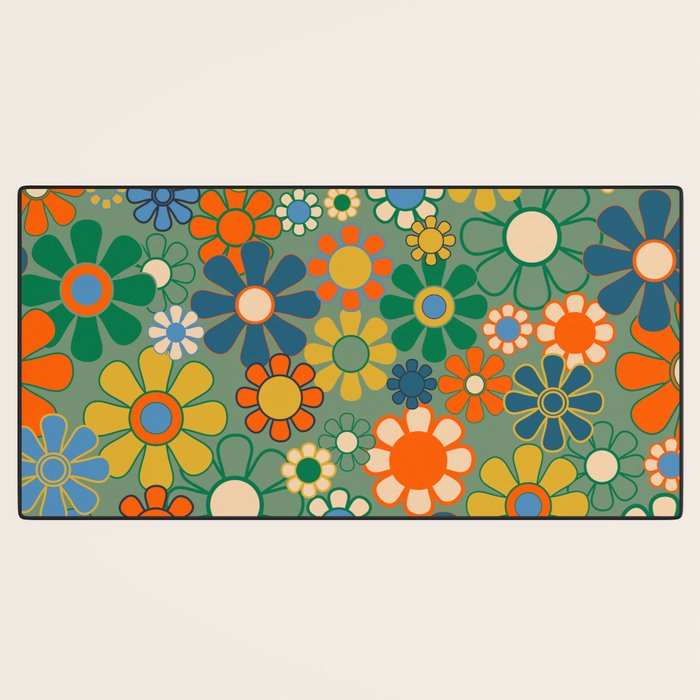 Retro Garden Flowers 60s 70s Floral Pattern in Green Blue Orange Mustard Desk Mat Gallery Image 3