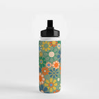 Retro Garden Flowers 60s 70s Floral Pattern in Green Blue Orange Mustard Water Bottle Gallery Image 2
