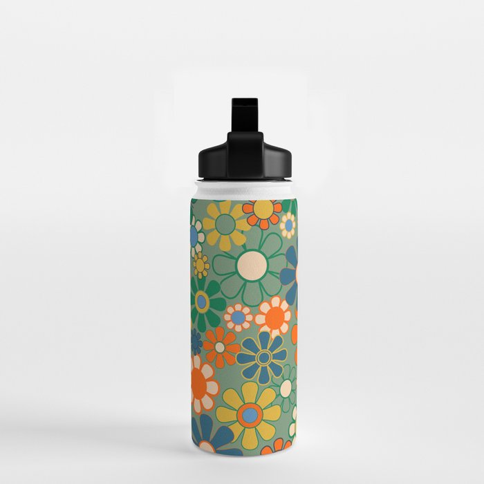 Retro Garden Flowers 60s 70s Floral Pattern in Green Blue Orange Mustard Water Bottle Gallery Image 2