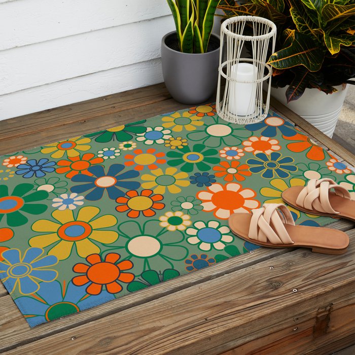 Retro Garden Flowers 60s 70s Floral Pattern in Green Blue Orange Mustard Outdoor Rug Gallery Image 2