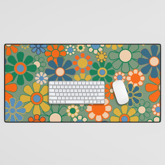 Retro Garden Flowers 60s 70s Floral Pattern in Green Blue Orange Mustard Desk Mat Gallery Image 1