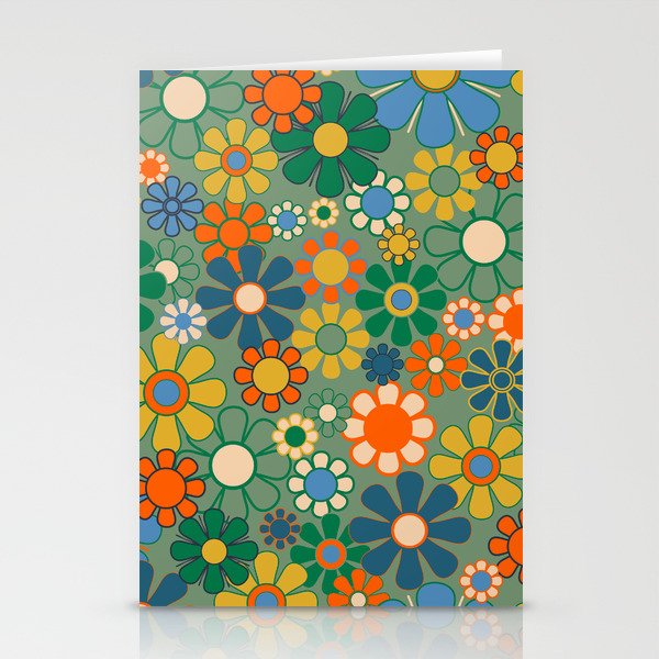 Retro Garden Flowers 60s 70s Floral Pattern in Green Blue Orange Mustard Stationery Card Gallery Image 2