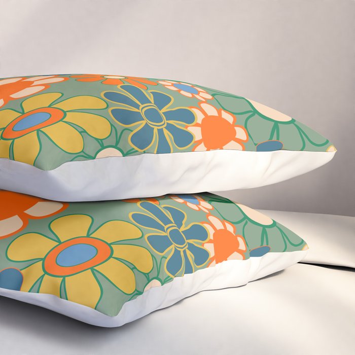 Retro Garden Flowers 60s 70s Floral Pattern in Green Blue Orange Mustard Pillow Sham Gallery Image 3