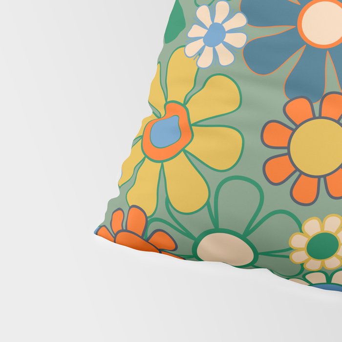 Retro Garden Flowers 60s 70s Floral Pattern in Green Blue Orange Mustard Pillow Sham Gallery Image 4