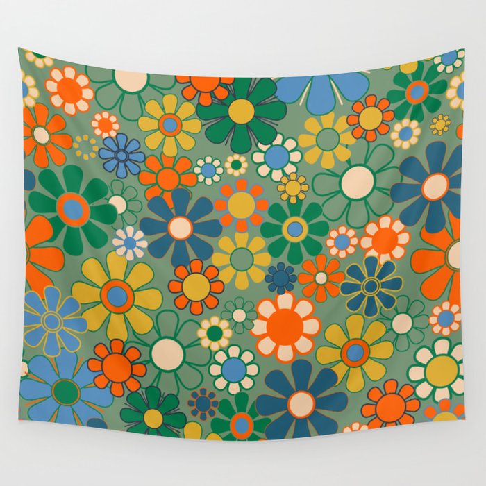 Retro Garden Flowers 60s 70s Floral Pattern in Green Blue Orange Mustard Wall Tapestry Gallery Image 4