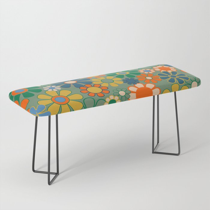 Retro Garden Flowers 60s 70s Floral Pattern in Green Blue Orange Mustard Bench Gallery Image 1