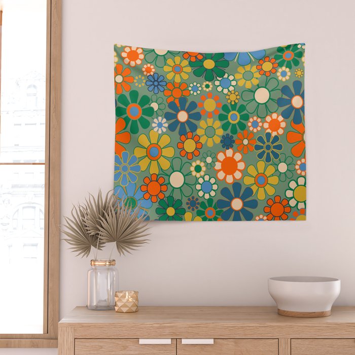 Retro Garden Flowers 60s 70s Floral Pattern in Green Blue Orange Mustard Wall Tapestry Gallery Image 2