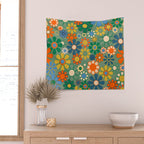 Retro Garden Flowers 60s 70s Floral Pattern in Green Blue Orange Mustard Wall Tapestry Gallery Image 2