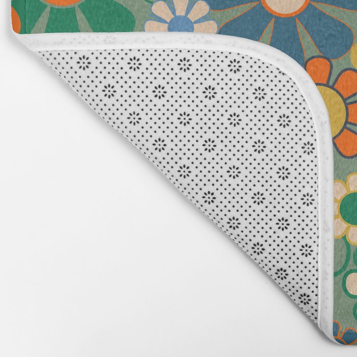 Retro Garden Flowers 60s 70s Floral Pattern in Green Blue Orange Mustard Bath Mat Gallery Image 2