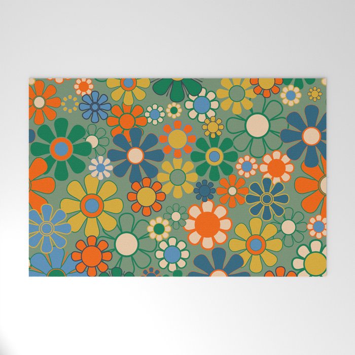 Retro Garden Flowers 60s 70s Floral Pattern in Green Blue Orange Mustard Welcome Mat Gallery Image 1