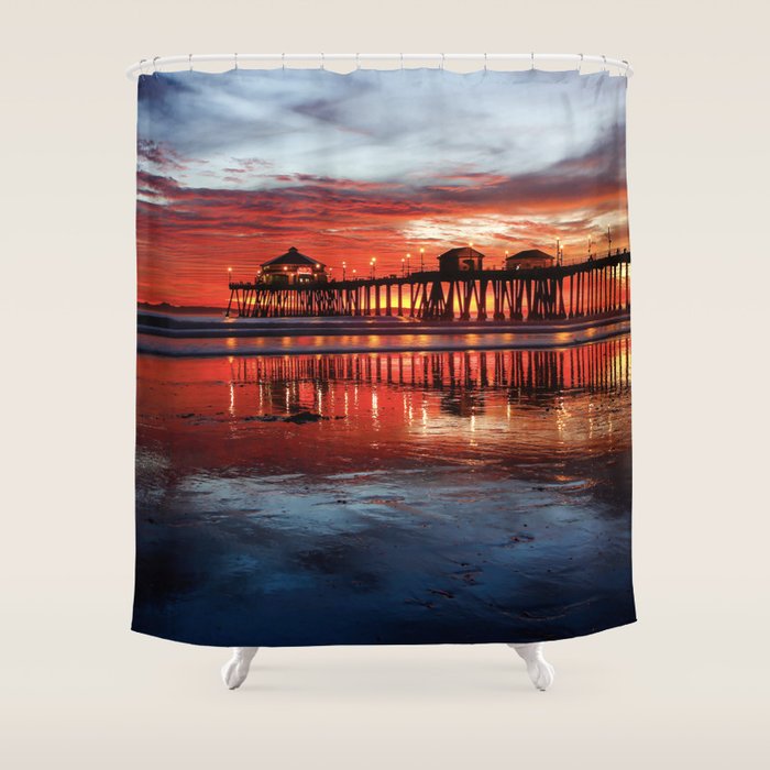 Sunset At The Huntington Beach Pier  Shower Curtain Gallery Image 1