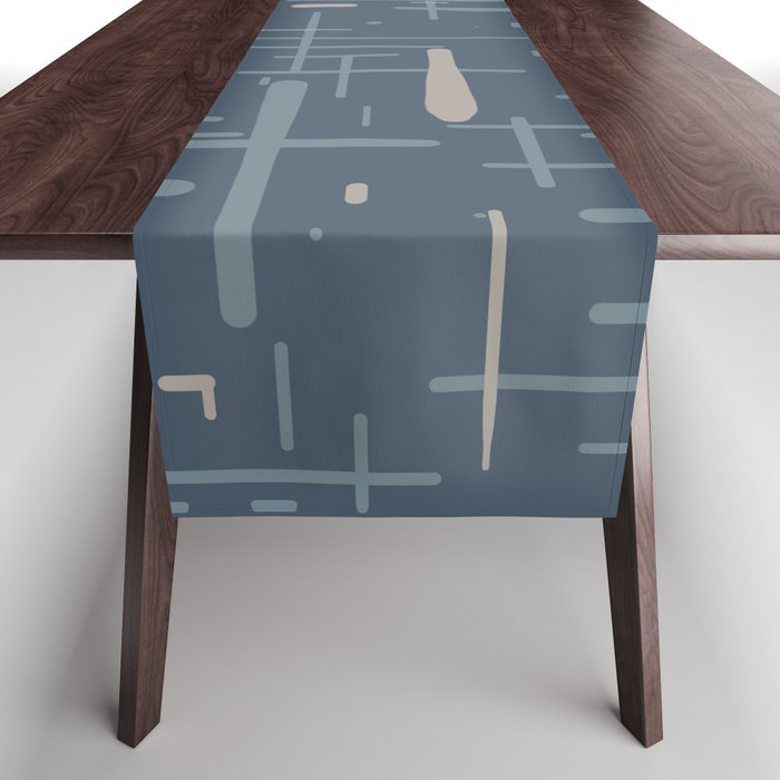 Mid-Century Modern Kinetikos Pattern Deep Neutral Blue Gray Taupe Table Runner Gallery Image 1