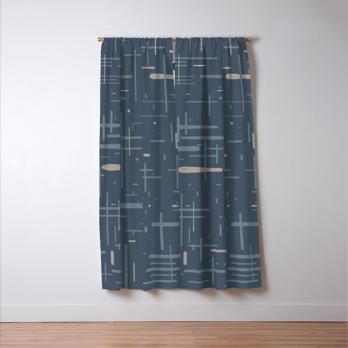 Mid-Century Modern Kinetikos Pattern Deep Neutral Blue Gray Taupe Window Curtain Gallery Image 3