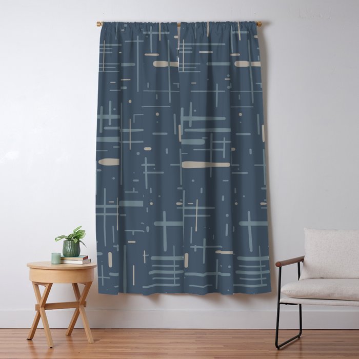 Mid-Century Modern Kinetikos Pattern Deep Neutral Blue Gray Taupe Window Curtain Gallery Image 5