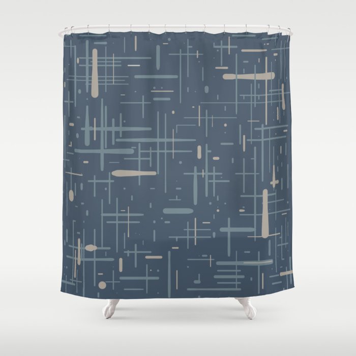 Mid-Century Modern Kinetikos Pattern Deep Neutral Blue Gray Taupe Shower Curtain Gallery Image 1