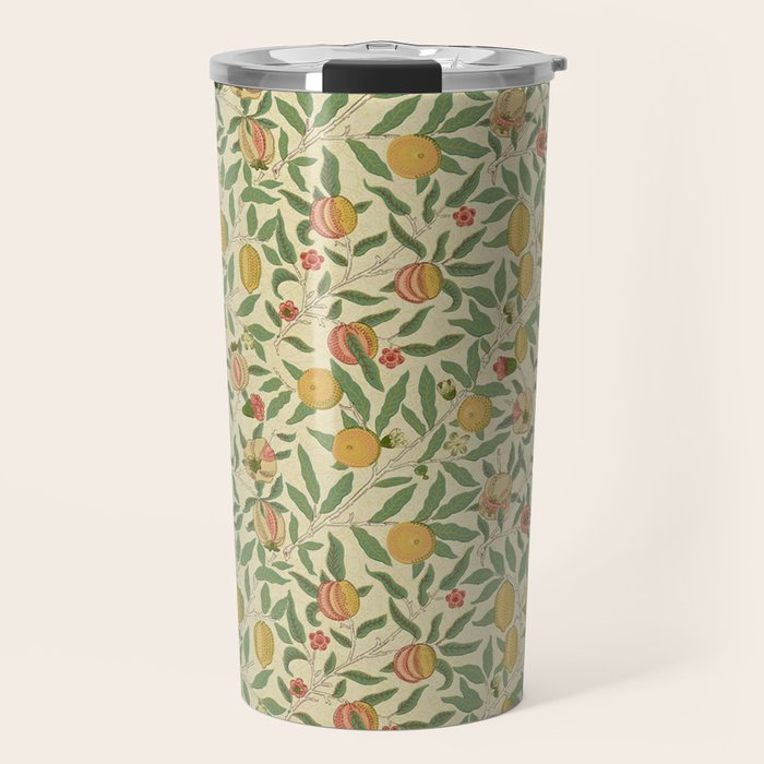 William Morris Pomegranate Fruit Beige Gold Coral Travel Mug Gallery Image 1