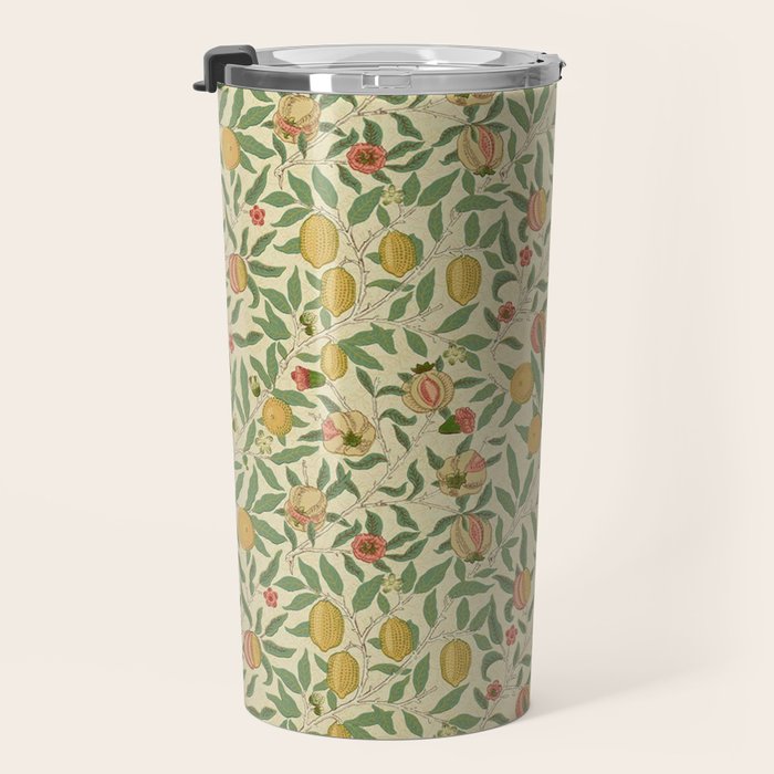 William Morris Pomegranate Fruit Beige Gold Coral Travel Mug Gallery Image 3