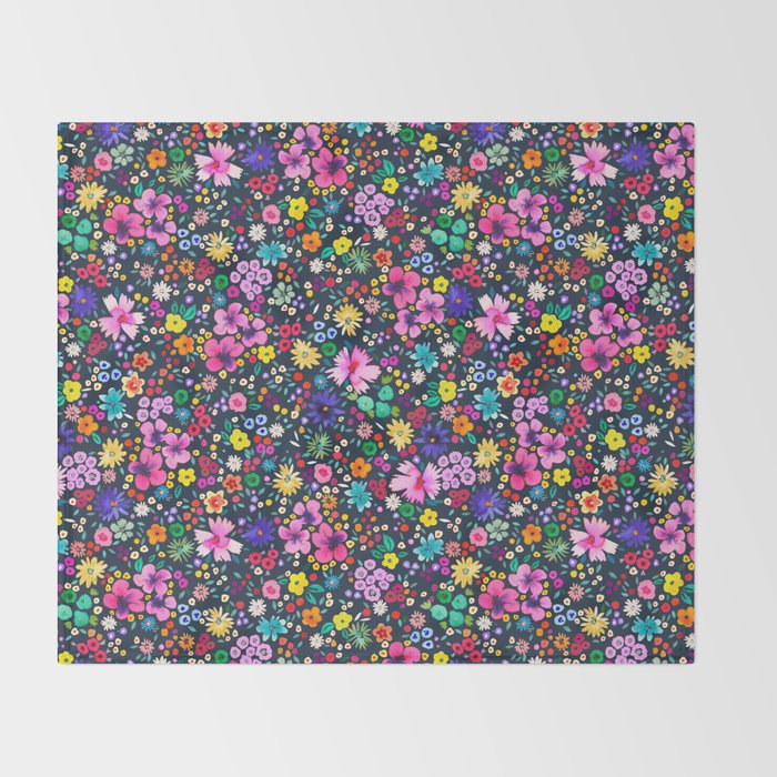 Millefleurs Spring Little Flowers Folky Navy Throw Blanket Gallery Image 2