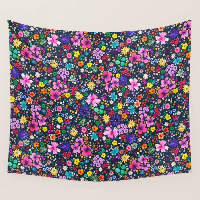 Millefleurs Spring Little Flowers Folky Navy Wall Tapestry Gallery Image 4