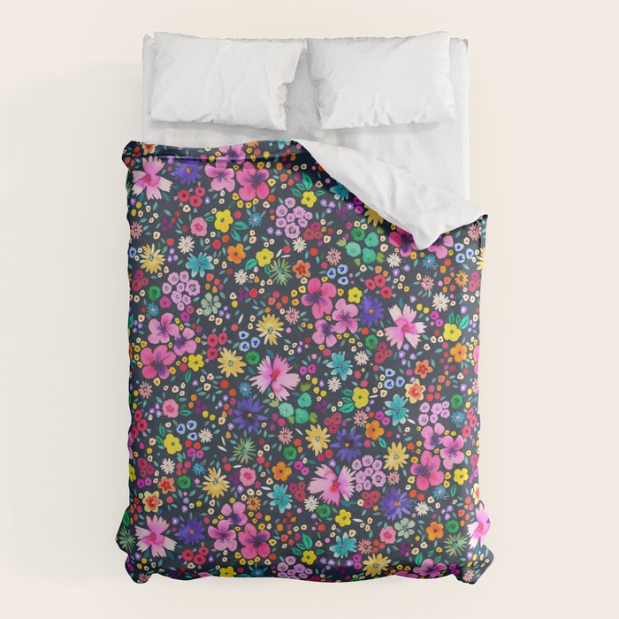 Millefleurs Spring Little Flowers Folky Navy Duvet Cover Gallery Image 1