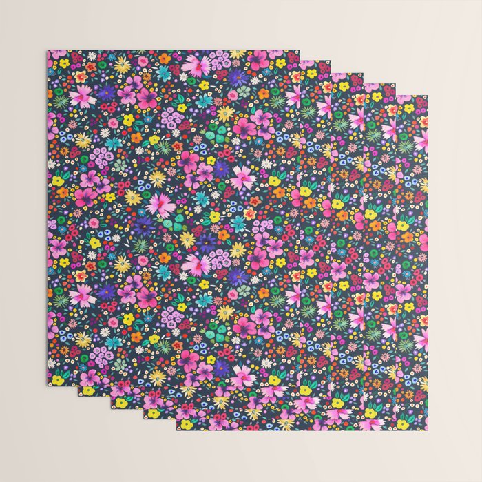 Millefleurs Spring Little Flowers Folky Navy Wrapping Paper Gallery Image 3