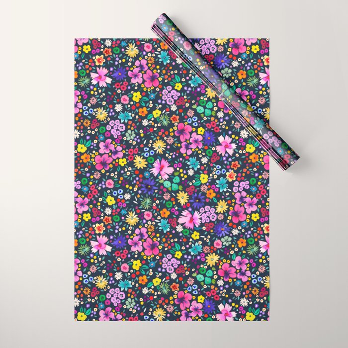 Millefleurs Spring Little Flowers Folky Navy Wrapping Paper Gallery Image 1