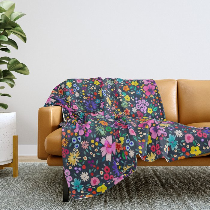 Millefleurs Spring Little Flowers Folky Navy Throw Blanket Gallery Image 2