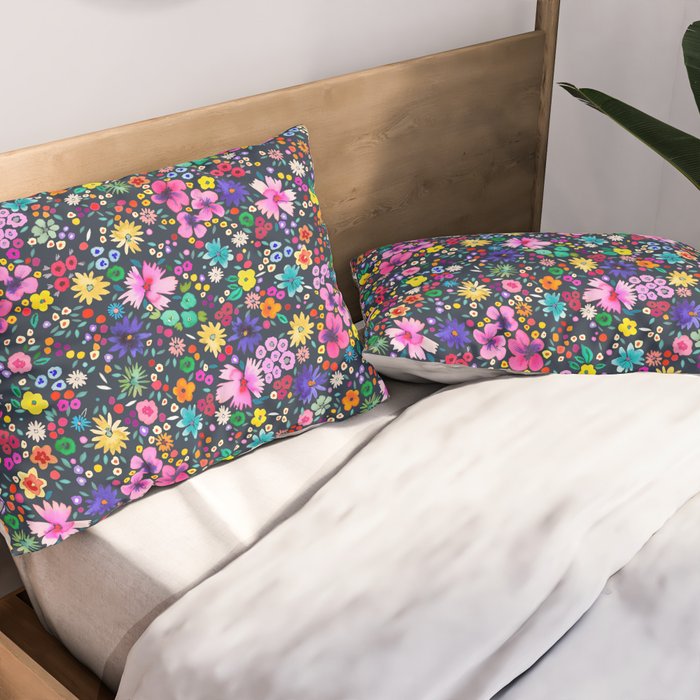 Millefleurs Spring Little Flowers Folky Navy Pillow Sham Gallery Image 2