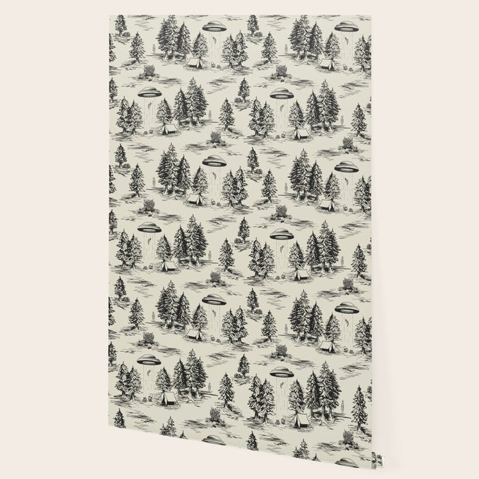 Black Alien Abduction Toile De Jouy Pattern Wallpaper Gallery Image 2