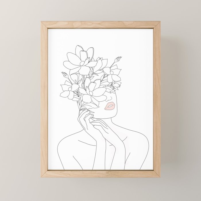 Minimal Line Art Woman with Magnolia Mini Art Print Gallery Image 1