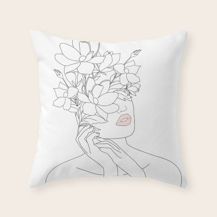 Minimal Line Art Woman with Magnolia Throw Pillow Gallery Image 1