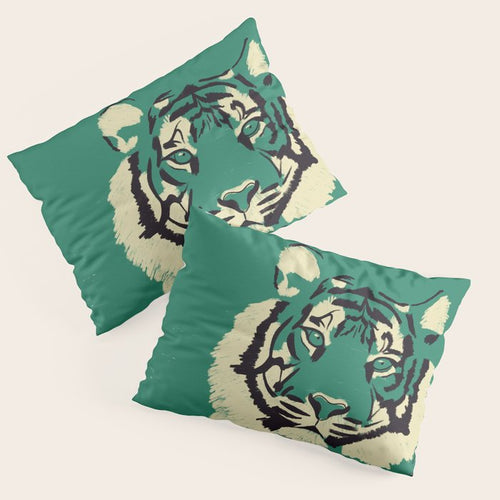 Majestic Tiger - Bold Wildcat Design With Teal Background Pillow Sham Gallery Image 3
