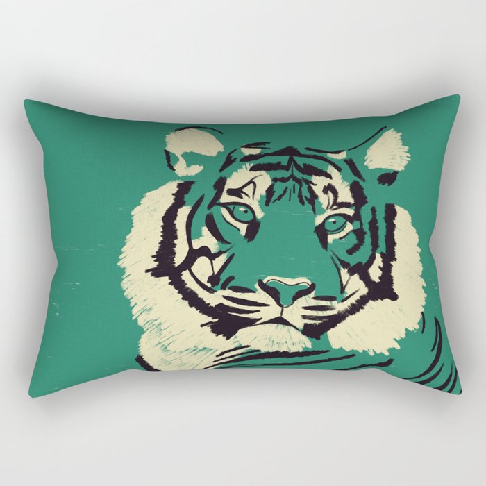 Majestic Tiger - Bold Wildcat Design with Teal Background Rectangular Pillow Gallery Image 1