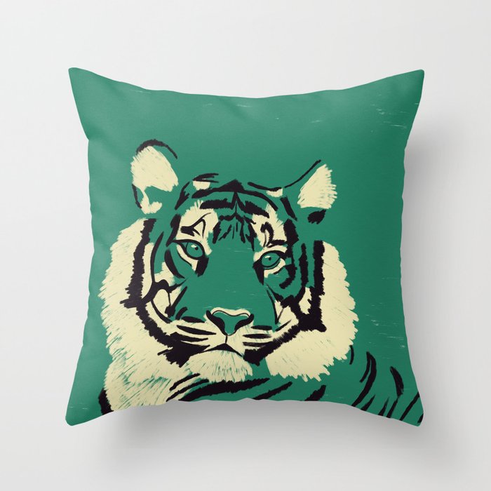 Majestic Tiger - Bold Wildcat Design with Teal Background Throw Pillow Gallery Image 1