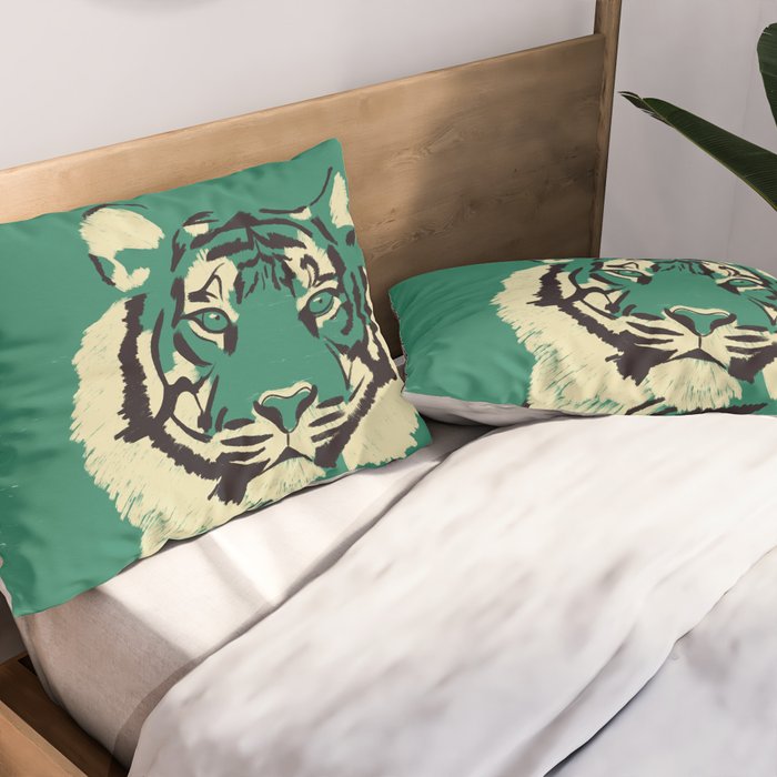 Majestic Tiger - Bold Wildcat Design with Teal Background Pillow Sham Gallery Image 2