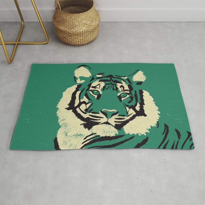 Majestic Tiger - Bold Wildcat Design with Teal Background Rug Gallery Image 1