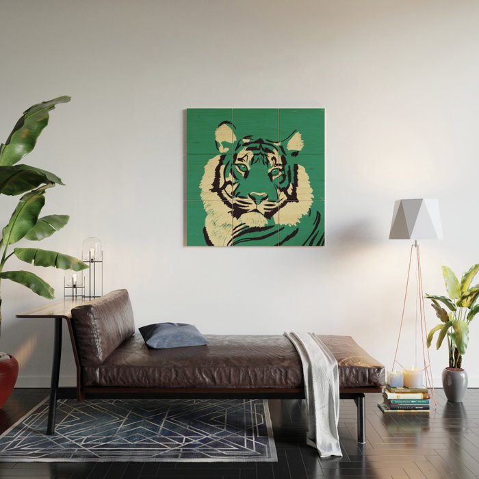 Majestic Tiger - Bold Wildcat Design with Teal Background Wood Wall Art Gallery Image 2