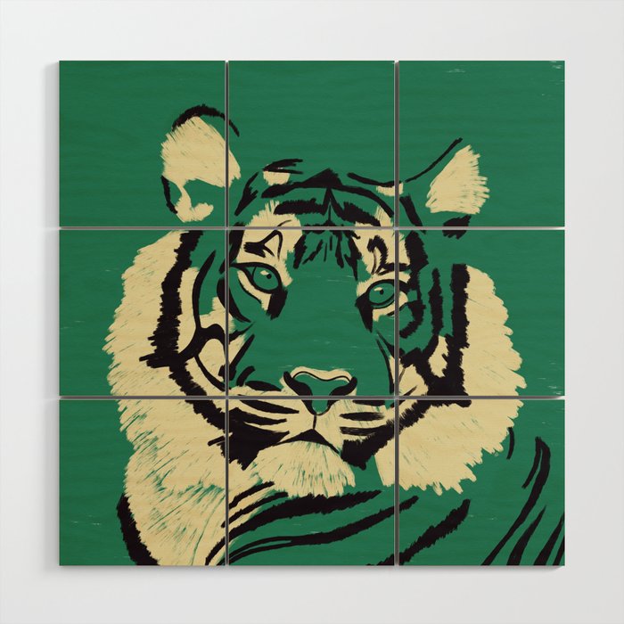 Majestic Tiger - Bold Wildcat Design with Teal Background Wood Wall Art Gallery Image 1