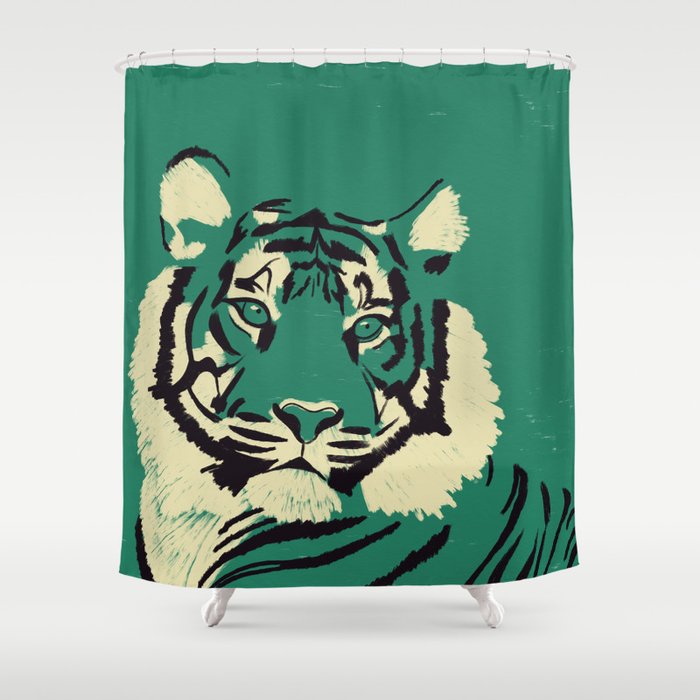 Majestic Tiger - Bold Wildcat Design with Teal Background Shower Curtain Gallery Image 1