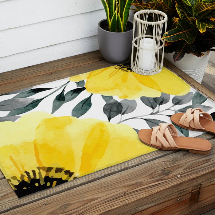Big yellow watercolor flowers Outdoor Rug Gallery Image 2