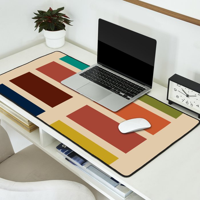 Nelson Blocks - Midcentury Modern Geometric in Mid Century Mod Mustard, Olive, Teal, Orange, Beige Desk Mat Gallery Image 2