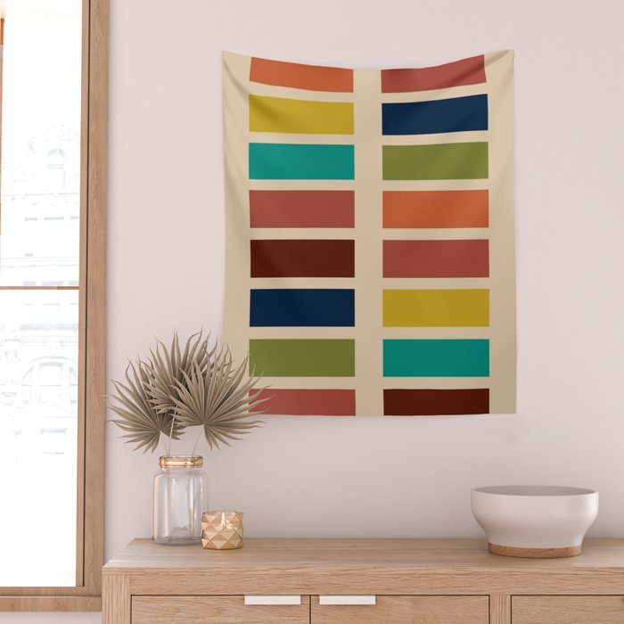 Nelson Blocks - Midcentury Modern Geometric in Mid Century Mod Mustard, Olive, Teal, Orange, Beige Wall Tapestry Gallery Image 2