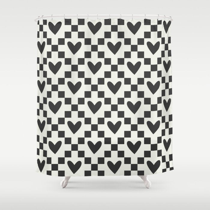 Black and white love heart checkered pattern Shower Curtain Gallery Image 1