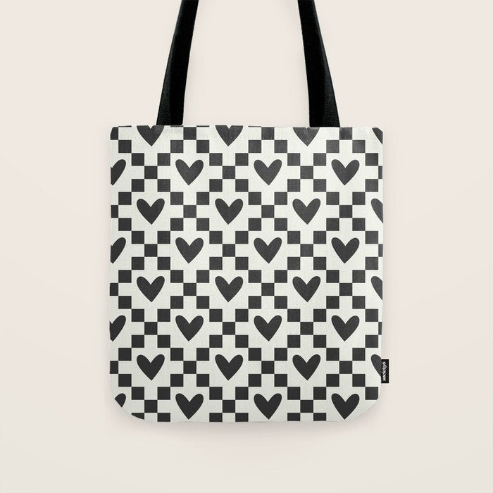 Black and white love heart checkered pattern Tote Bag Gallery Image 1