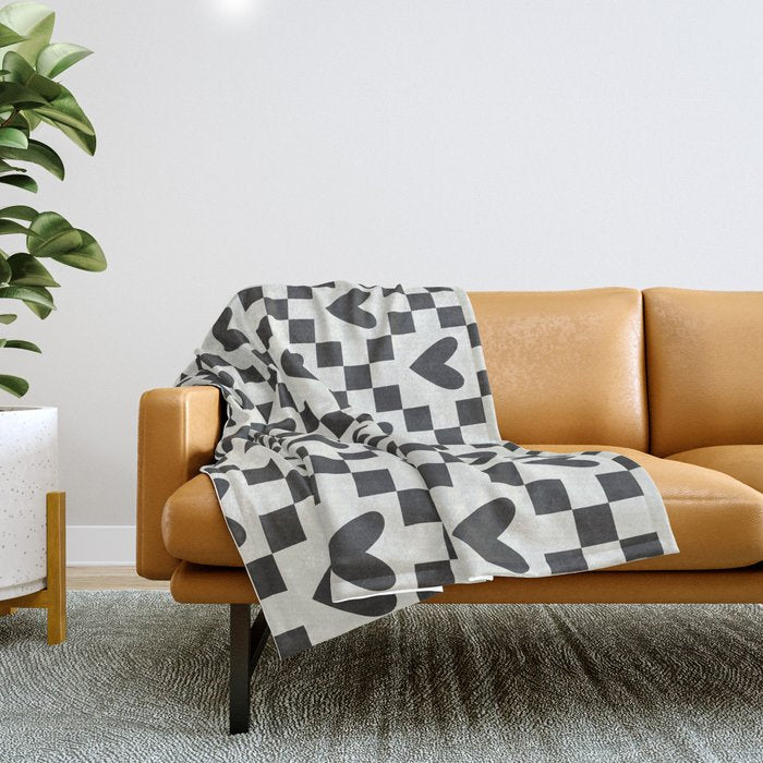 Black and white love heart checkered pattern Throw Blanket Gallery Image 1